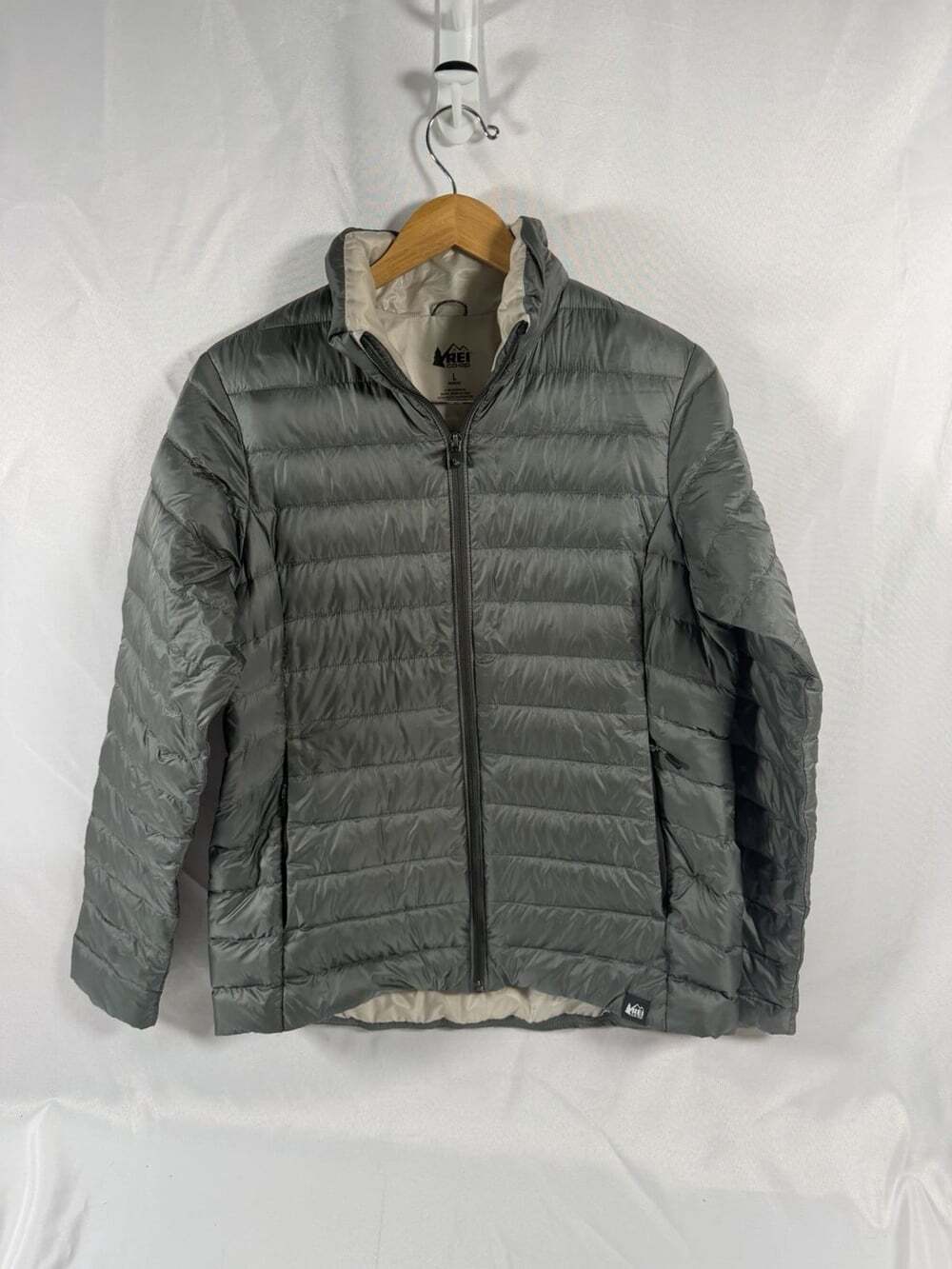 REI Co-op Jacket Womens Large Gray Down Puffer Coat Lightweight Full Zip Warm